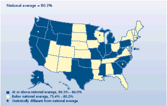 U.S. map depicting health insurance statistics, details can be found in accessible table below image