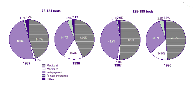 Four pie charts comparing how sources of payment varied by nursing home size between 1987 and 1996. Comparisons over time of 75-124 and 125-199 beds.  See table below for text conversion.