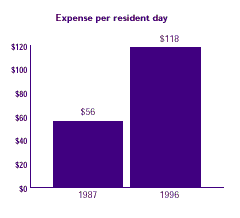 Bar chart comparing the change in annual nursing homes expense per resident day between 1987 and 1996.  See table below for text conversion.