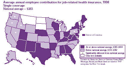 Average annual employee contribution for job-related health insurance, 1998 single coverage (National average = $383)  Refer to text conversion table below for details.