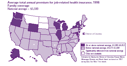 Average total annual premium for job-related health insurance, 1998 family coverage (National average = $5,590)  Refer to text conversion table below for details.