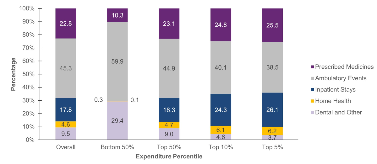 Figure displays: Percentage of type of service used by expenditure percentile, 2021