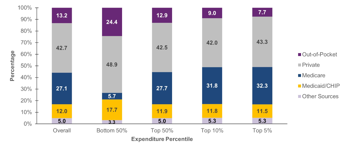 Figure displays: Percentage of expenditures by source of payment and expenditure percentile, 2021