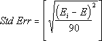 The standard error equals the square root of the following: The square of the difference between E sub I and E, divided by 90.