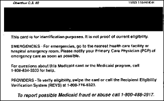 Sample Medicaid Card for the state of Louisiana back side