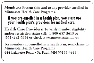 Sample Medicaid Card for the state of Minnesota back side