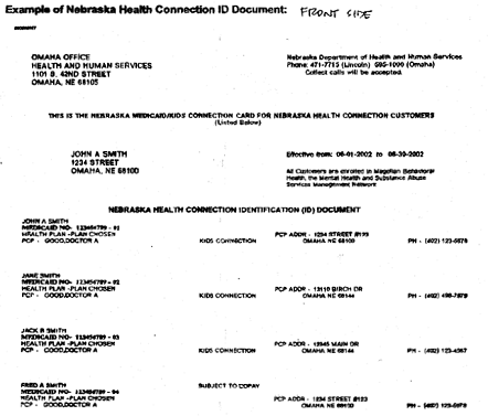 Sample of Medicaid Card for the state of Nebraska front side2