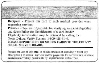 Sample of Medicaid Card for the state of North Dakota back side
