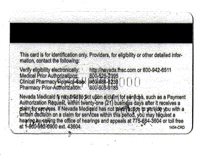 Sample of Medicaid Card for the state of Nevada back side