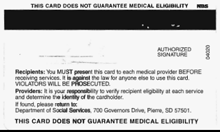 Sample Medicaid Card for the state of South Dakota back side
