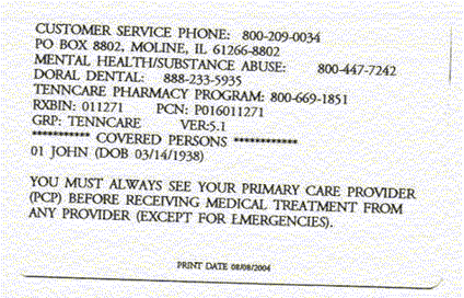 Sample Medicaid Card for the state of Tennessee back side