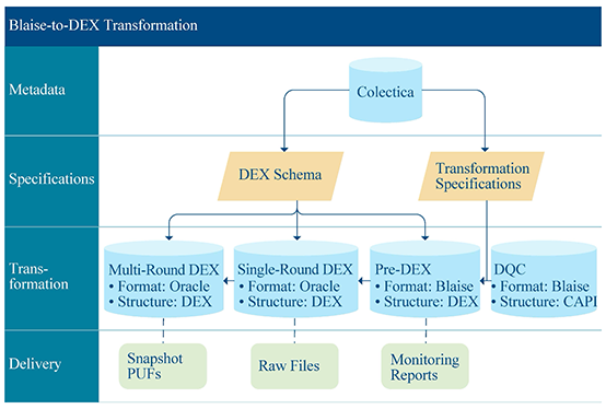 Flowchart showing the four component layers--Metadata, Specifications, Transformation, and Delivery--for the Blaise to DEX transformation process, beginning with Colectica metadata and ending with the delivery of snapshot PUFs, raw files, and monitoring reports.