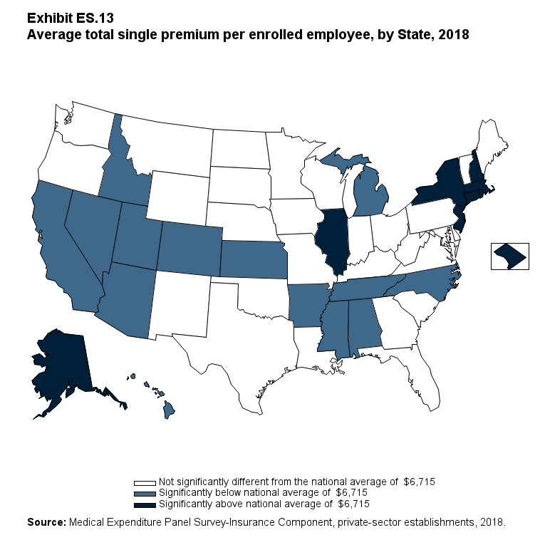 Map with data on the average total single premium per enrolled employee, by State, 2018. Data are provided in the table below.