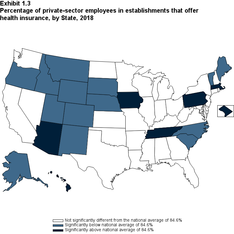 Map with data on the percentage of private-sector employees in establishments that offer health insurance, by State, 2018. Data are provided in the table below.