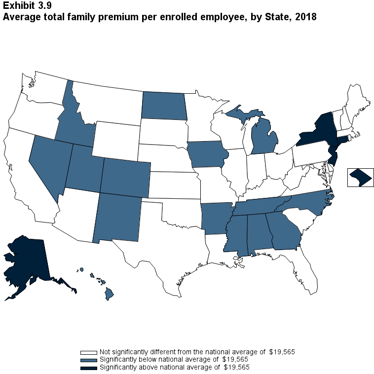Map with data on the average total family premium per enrolled employee, by State, 2018. Data are provided in the table below.