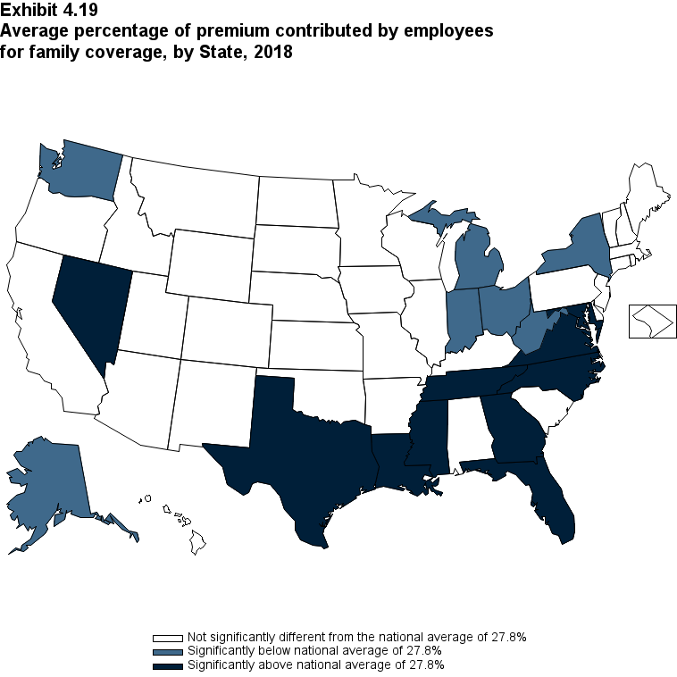 Map with data on the average percentage of premium contributed by employees for family coverage, by State, 2018. Data are provided in the table below.