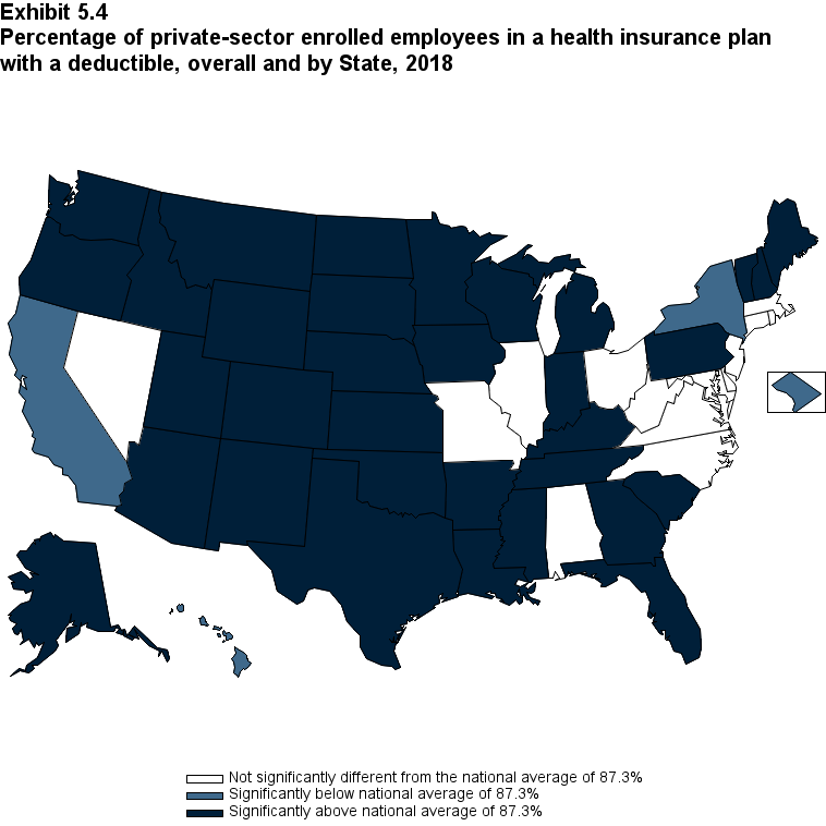 Map with data on the percentage of private-sector enrolled employees in a health insurance plan with a deductible, by State, 2018. Data are provided in the table below.