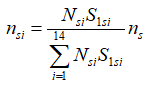 n sub s i equals capital n sub s i times capital s sub one s i times n sub s, 
	divided by the sum from i equals 1 to 14 of capital n sub s i times capital s sub one s i