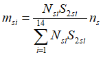 m sub s i equals capital n sub s i times capital s sub two s i times n sub s, 
	divided by the sum from i equals 1 to 14 of capital n sub s i times capital s sub two s i