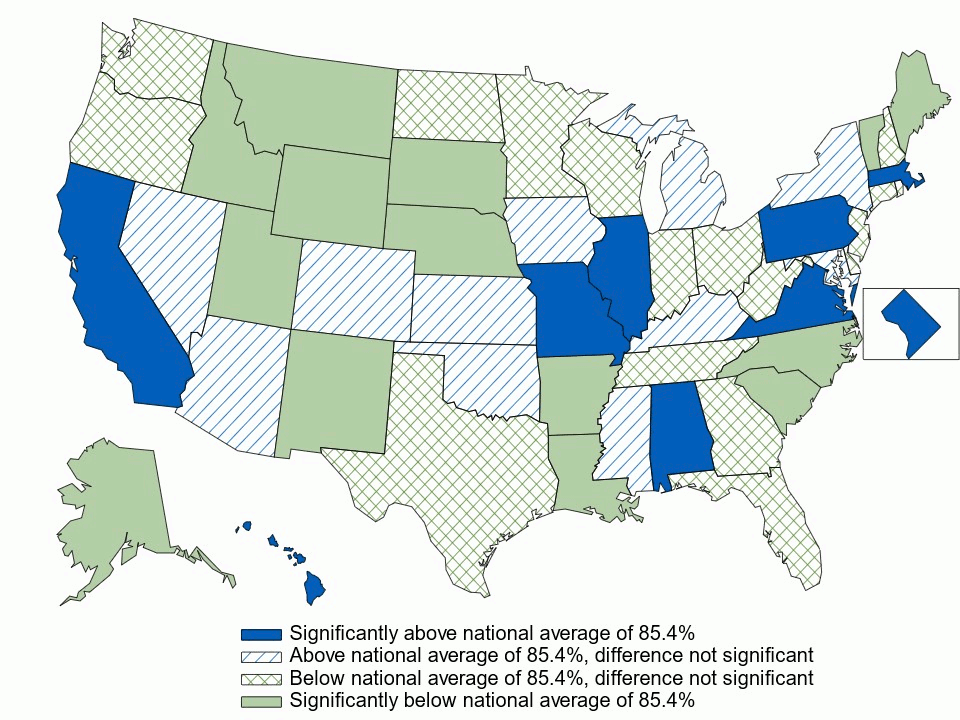 Figure 1. Offer rate: Percentage of private-sector employees in establishments that offer health insurance, by state, 3-year average, 2021–2023