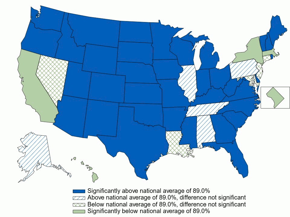 Figure 10. Percentage of private-sector enrolled employees in a health insurance plan with a deductible, by state, 3-year average, 2021–2023