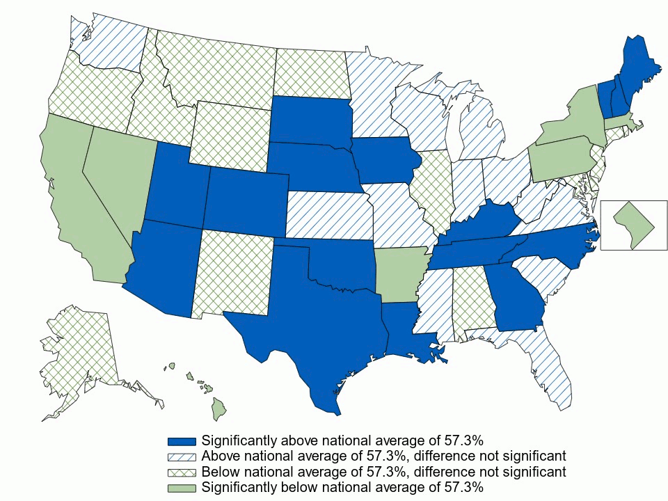 Figure 14. Among private-sector enrolled employees with family coverage, percentage in a high-deductible health insurance plan, by state, 3-year average, 2021–2023