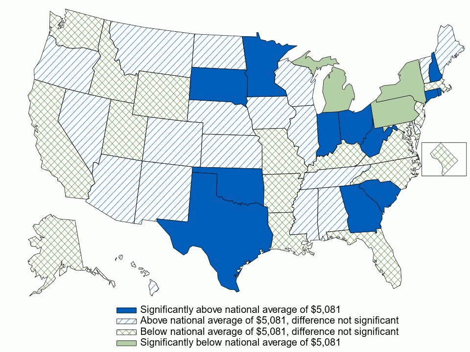 Figure 16. Average family deductible (in dollars) per employee enrolled with family coverage in a high-deductible health insurance plan, by state, 3-year average, 2021–2023