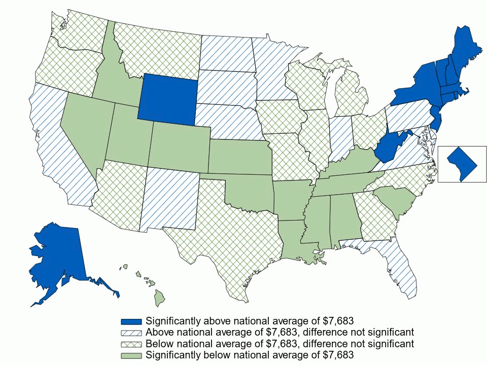 Figure 4. Average total single premium (in dollars) per enrolled employee, by state, 3-year average, 2021–2023