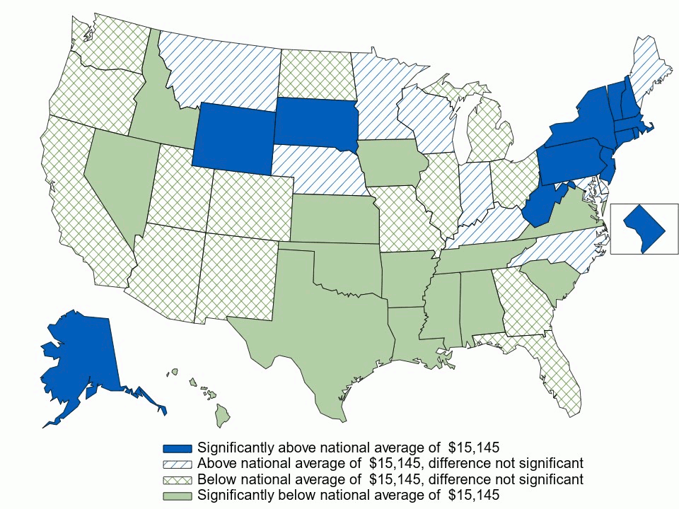 Figure 5. Average total employee-plus-one (in dollars) premium per enrolled employee, by state, 3-year average, 2021–2023