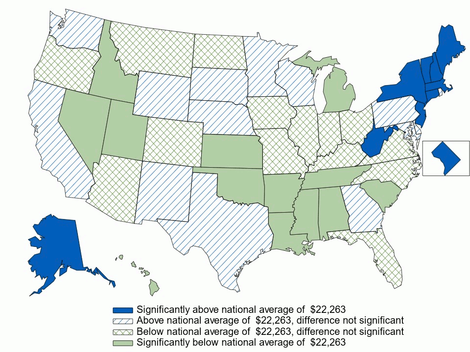 Figure 6. Average total family premium (in dollars) per enrolled employee, by state, 3-year average, 2021–2023