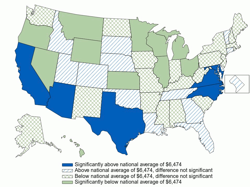 Figure 9. Average annual employee contribution (in dollars) for family coverage, by state, 3-year average, 2021–2023