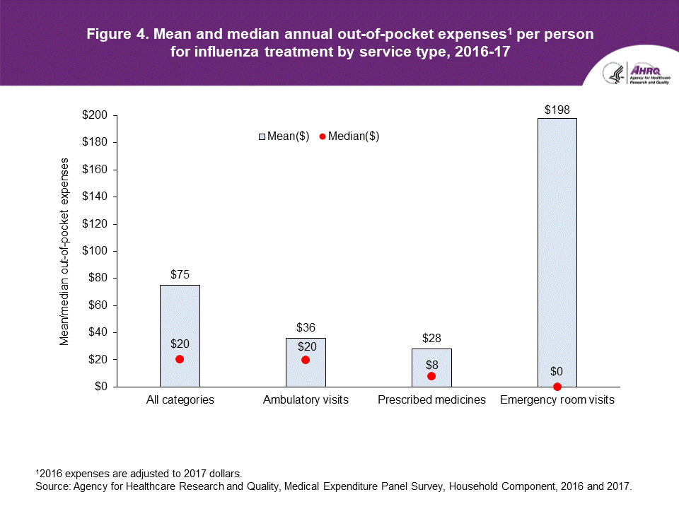 Figure contains mean and median annual out-of-pocket expenses per person for influenza treatment by service type in 2016 to 2017.
