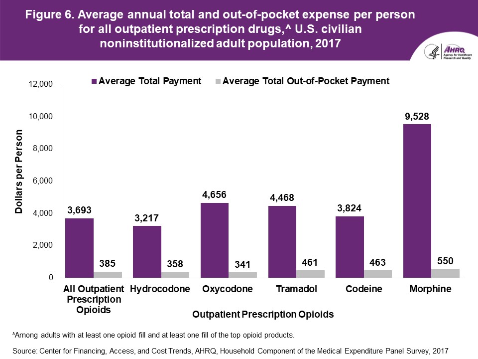 The figure contains values of average annual and out-of-pocket expense per person for all outpatient prescription opioids and the top four opioid products* among adults with one or more prescription drug purchase in U.S. civilian noninstitutionalized adult population, 2017; Figure data for accessible table follows the image