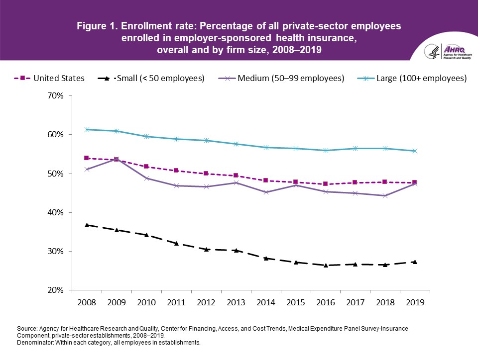 Figure displays: Enrollment rate: Percentage of all private-sector employees enrolled in employer-sponsored health insurance, overall and by firm size, 2008-2019