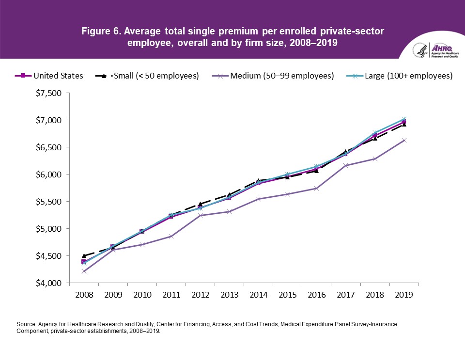 Figure displays: Average total single premium per enrolled private-sector employee, overall and by firm size, 2008-2019