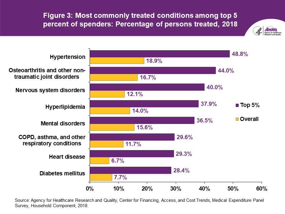 Figure displays: Most commonly treated conditions among top 5 percent of spenders: Percentage of persons treated, 2018