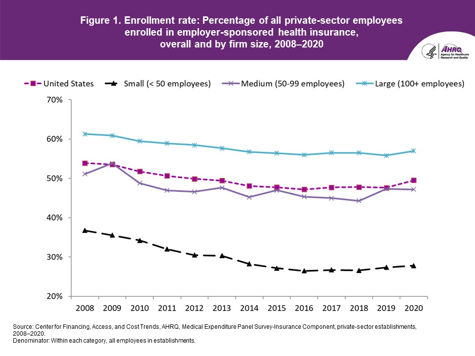 Figure displays: Enrollment rate: Percentage of all private-sector employees enrolled in employer-sponsored health insurance, overall and by firm size, 2008-2020