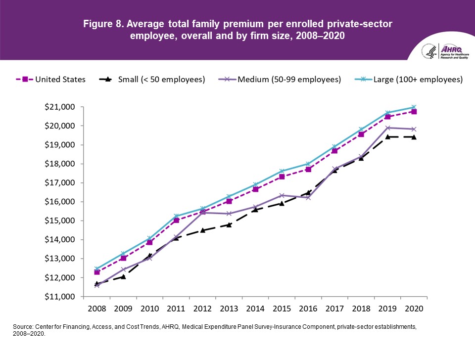 Figure displays: Average total family premium per enrolled private-sector employee, overall and by firm size, 2008-2020