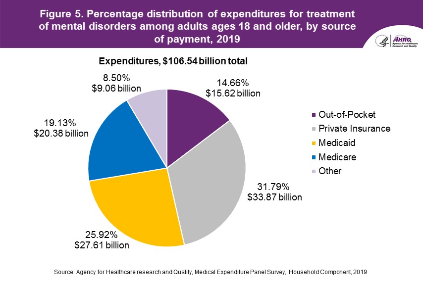 Percentage distribution of expenditures for treatment of mental disorders among adults ages 18 and older, by source of payment, 2019