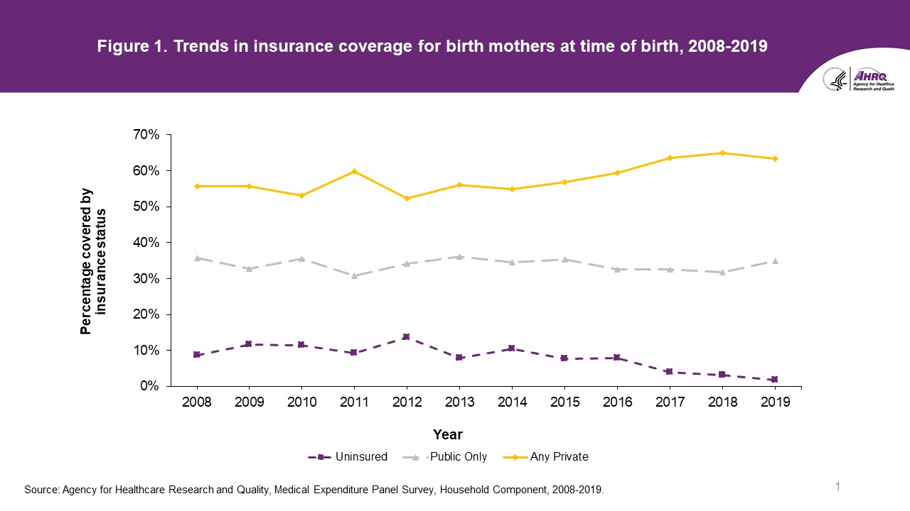 Figure displays: Trends in insurance coverage for birth mothers at time of birth, 2008-2019