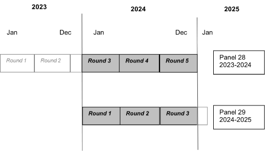 Illustration indicating that data were collected in Panel 28 Rounds 3 through 5, and Panel 29 Rounds 1 through 3.