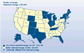U.S. map depicting health insurance statistics, details can be found in accessible table below image