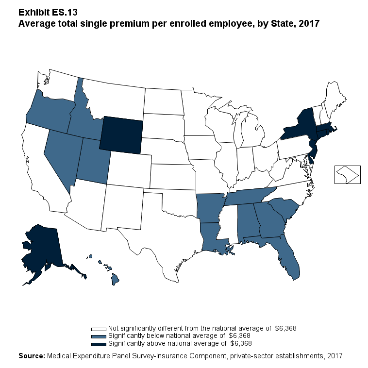 Map with data on the average total single premium per enrolled employee, overall and by State, 2017. Data are provided in the table below.