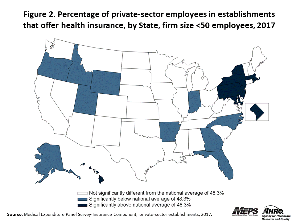 Map with data on the percentage of private-sector employees in establishments that offer health insurance, overall and by State, firm size <50 employees, 2017. Data are provided in the table below.