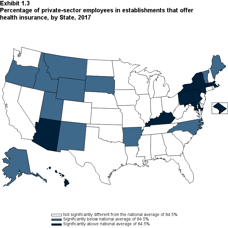 Map with data on the percentage of private-sector employees in establishments that offer health insurance, overall and by State, 2017. Data are provided in the table below.