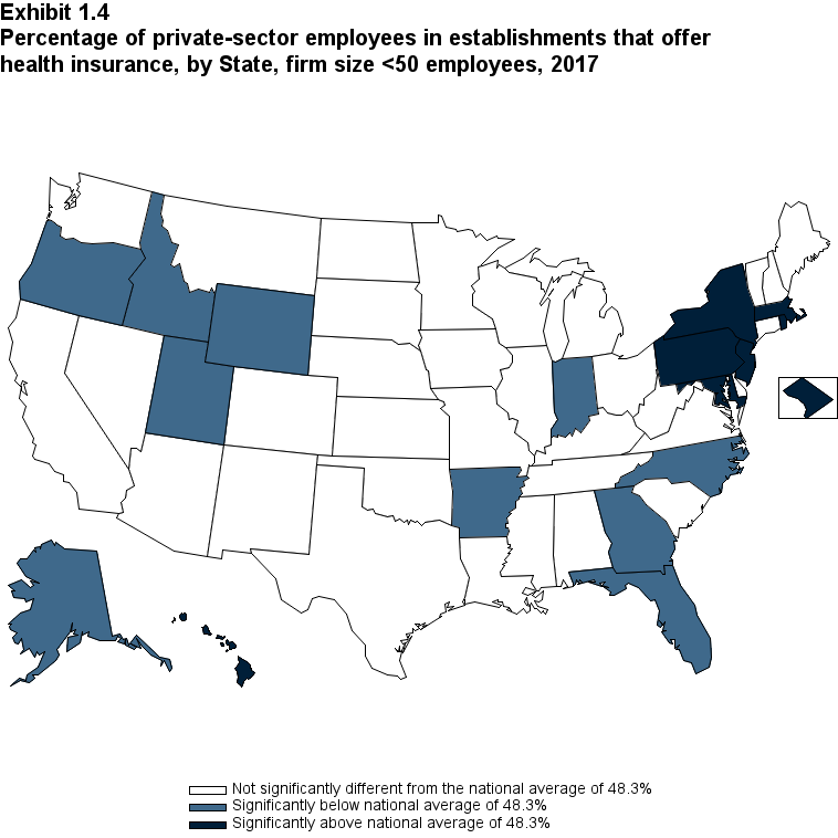 Map with data on the percentage of private-sector employees in establishments that offer health insurance, overall and by State, firm size <50 employees, 2017. Data are provided in the table below.