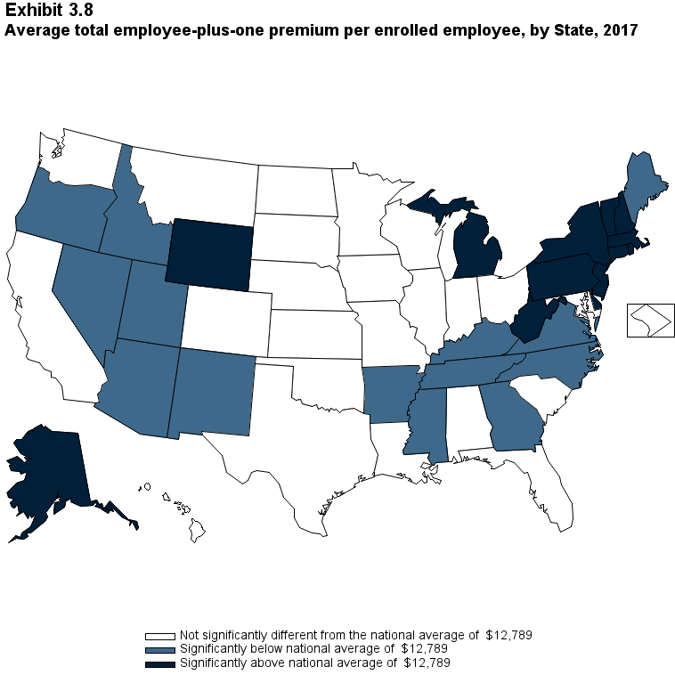 Map with data on the average total employee-plus-one premium per enrolled employee, overall and by State, 2017. Data are provided in the table below.
