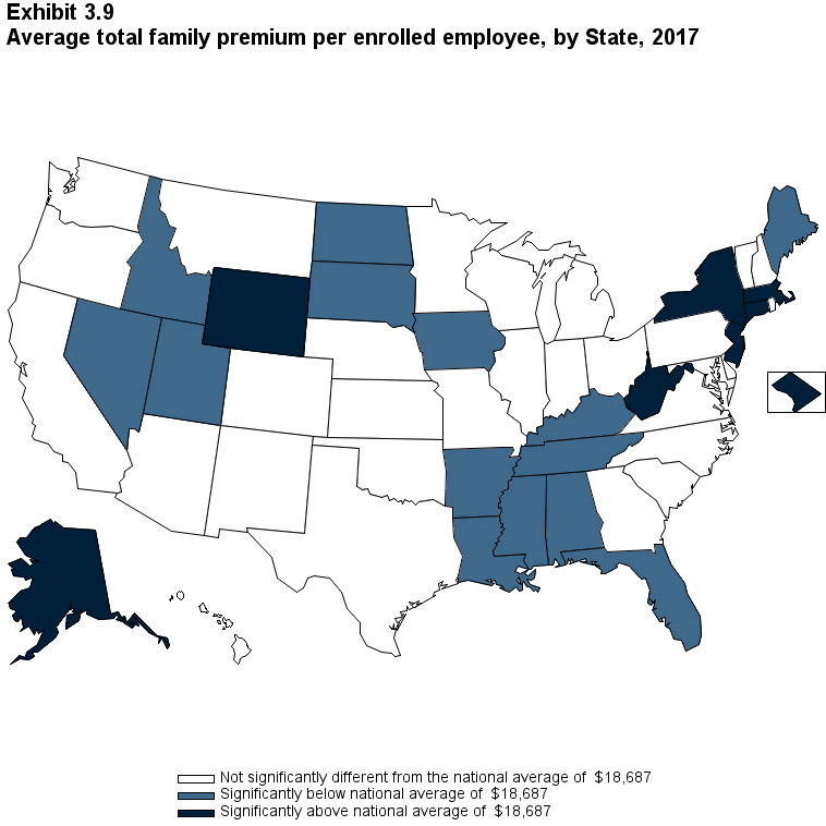 Map with data on the average total family premium per enrolled employee, overall and by State, 2017. Data are provided in the table below.