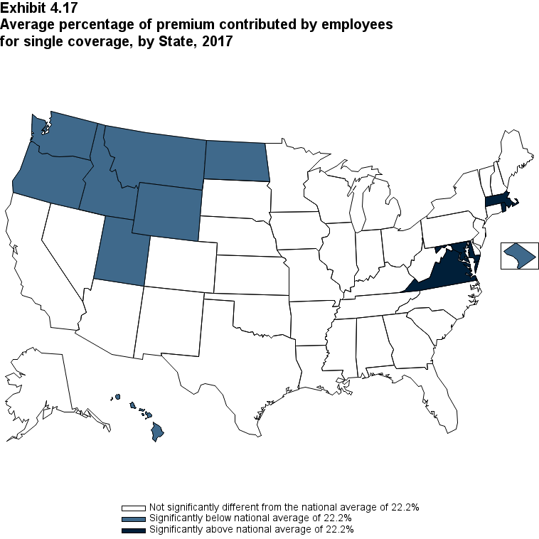Map with data on the average percentage of premium contributed by employees for single coverage, overall and by State, 2017. Data are provided in the table below.