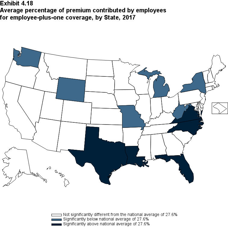 Map with data on the average percentage of premium contributed by employees for employee-plus-one coverage, overall and by State, 2017. Data are provided in the table below.